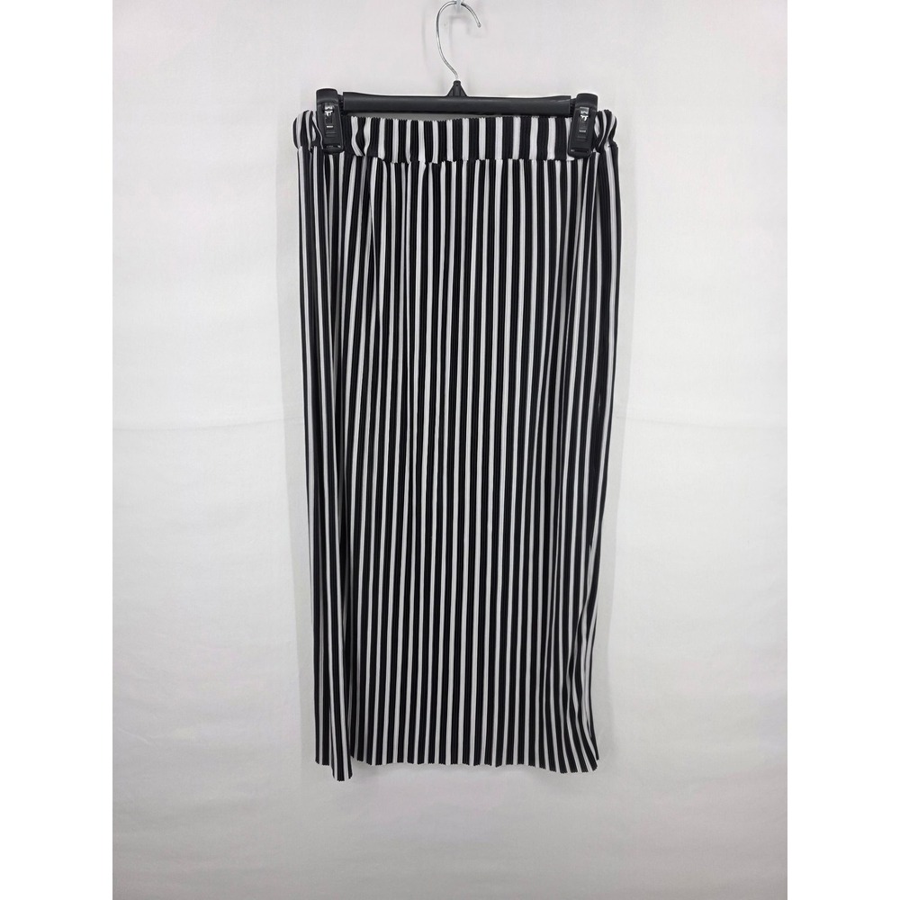 Atmosphere Black White Striped Pleated Midi Skirt Size 8 Elastic Waist Pencil